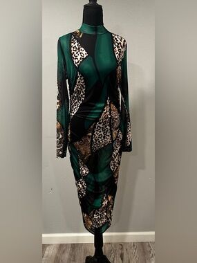 Chicme - Green, Black & Brown Long Sleeve Print Sheer Bodycon Dress